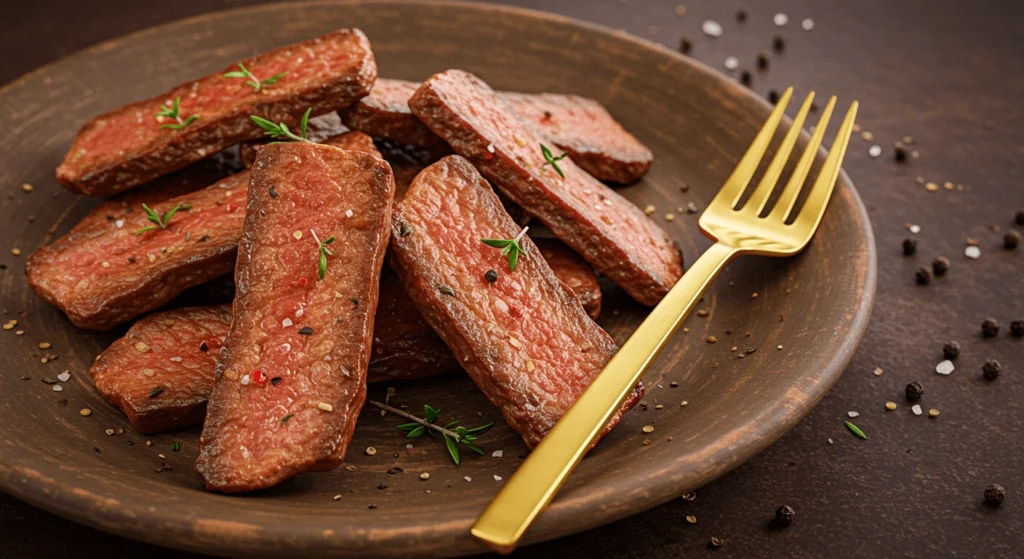 Golden fork with crispy beef chips sprinkled with herbs and seasoning.