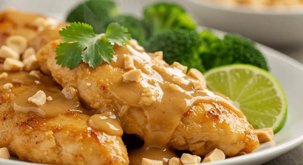 Close-up of creamy peanut butter chicken with golden-brown chicken pieces coated in a glossy peanut butter sauce, garnished with cilantro, lime, and steamed broccoli.