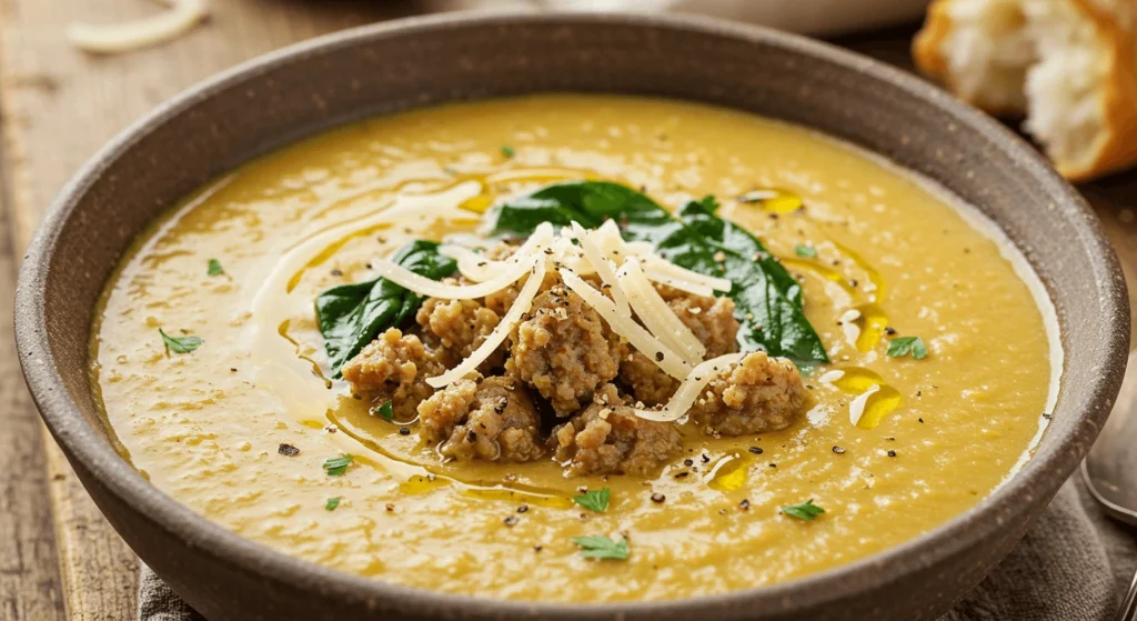 Creamy Parmesan Italian sausage soup in a rustic bowl with sausage crumbles, wilted spinach, melted cheese, and steam, on a wooden table with crusty bread.