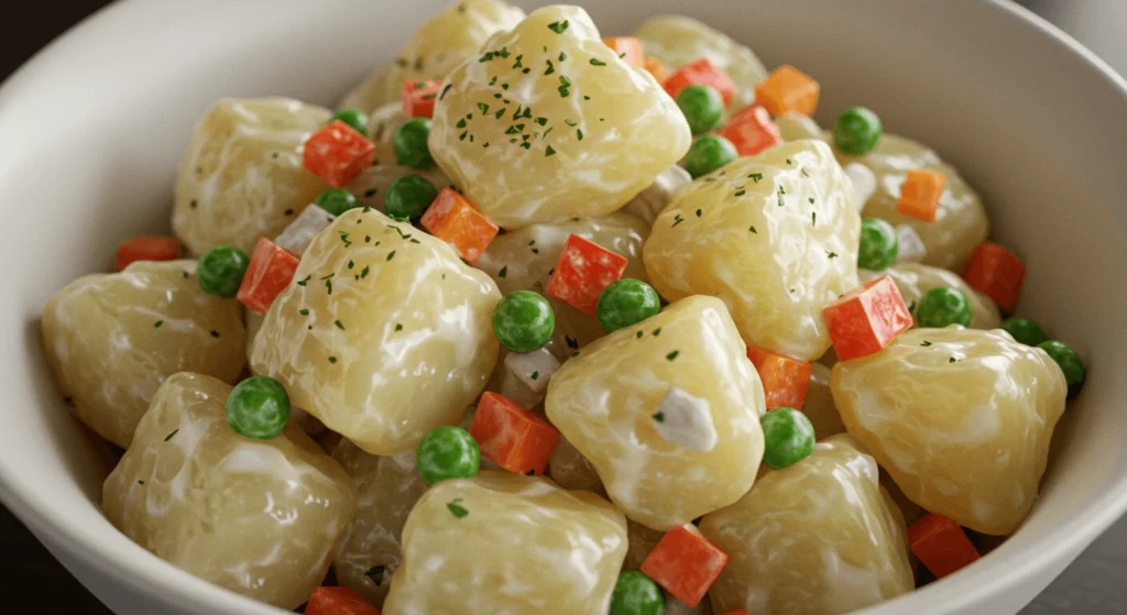 A close-up of a creamy Dominican potato salad with boiled potatoes, red peppers, carrots, sweet peas, and a sprinkle of parsley.