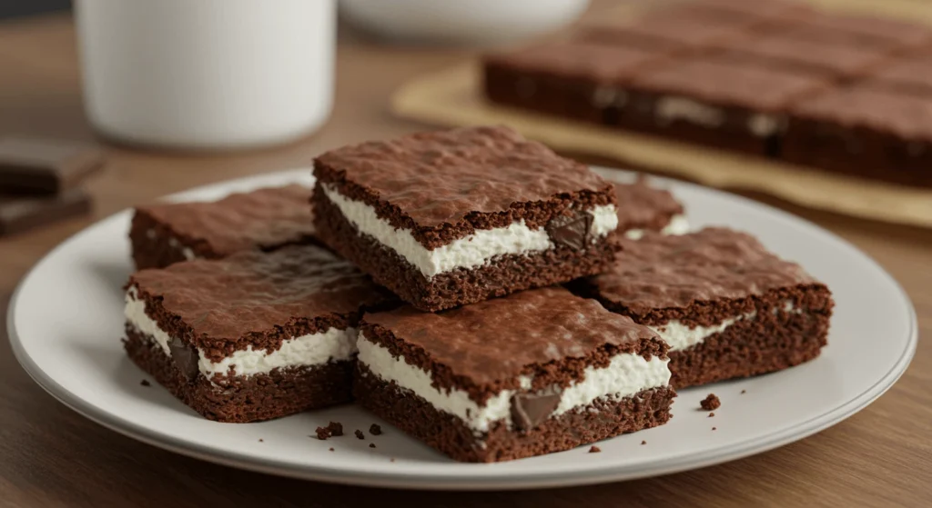 Close-up of fudgy, moist cottage cheese brownies on a plate, showcasing rich chocolate texture, glossy sheen, and visible dark chocolate chunks, with crumbs scattered around.