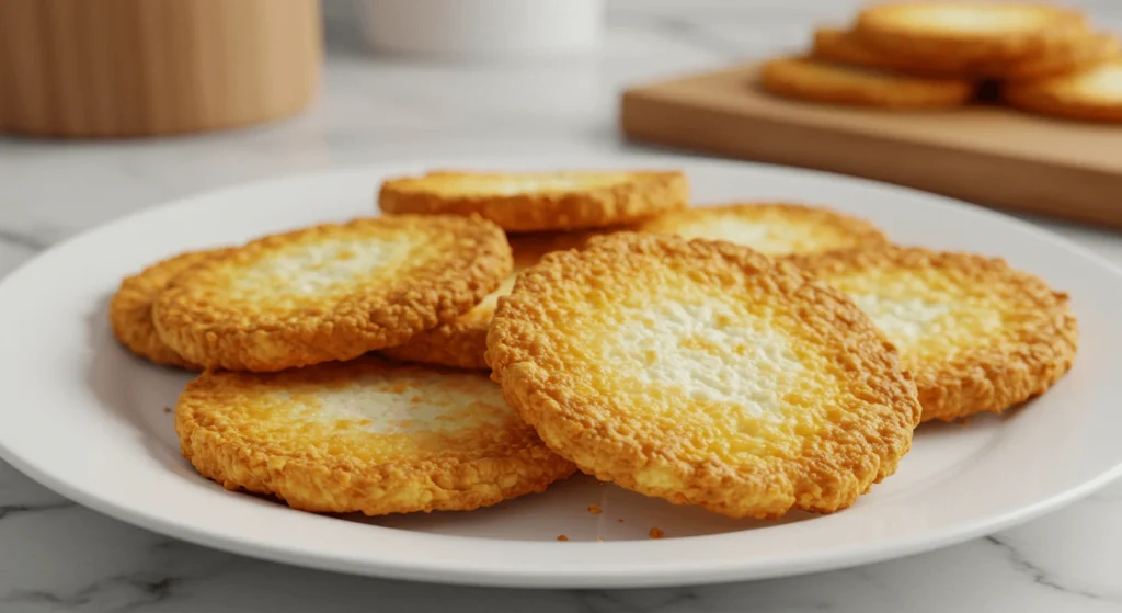 Close-up of crispy, golden-brown cottage cheese chips on a white plate, with a blurred modern kitchen background.