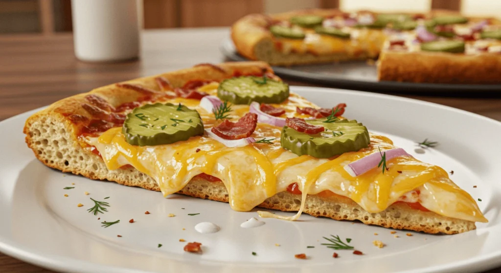 A close-up, hyper-realistic image of a slice of Pickle Pie Pizza on a white plate, showcasing a golden crispy crust, gooey melted cheese, tangy dill pickles, crispy bacon bits, and fresh dill. Perfect for pickle and pizza lovers.