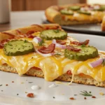 A close-up, hyper-realistic image of a slice of Pickle Pie Pizza on a white plate, showcasing a golden crispy crust, gooey melted cheese, tangy dill pickles, crispy bacon bits, and fresh dill. Perfect for pickle and pizza lovers.