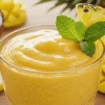 A tall glass of tropical smoothie with a golden-orange hue, garnished with a pineapple wedge, mango slice, and mint, set in a cozy kitchen background.