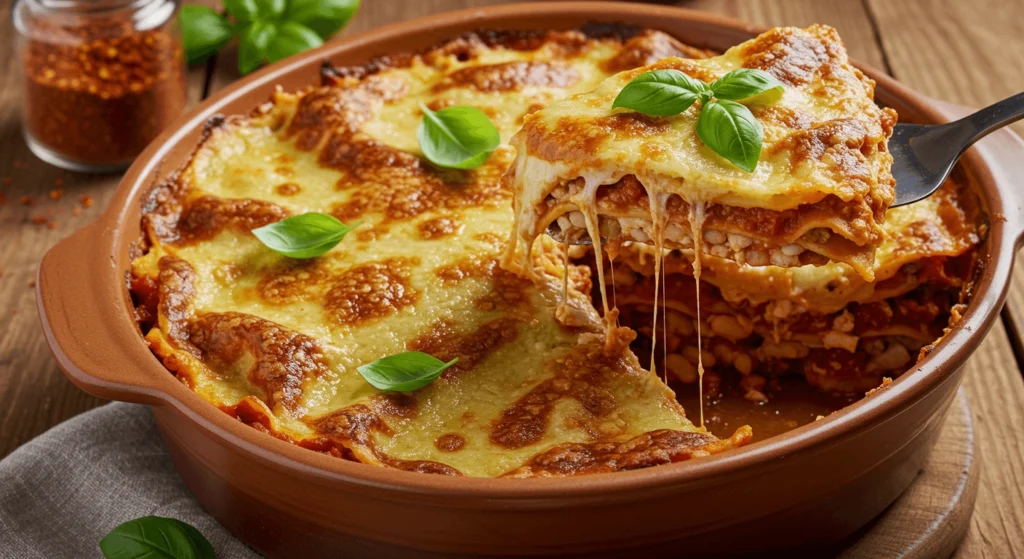 Close-up of homemade butter bean lasagne with crispy golden top, sliced to reveal creamy bean layers and tomato sauce, garnished with fresh basil on rustic table.