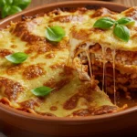 Close-up of homemade butter bean lasagne with crispy golden top, sliced to reveal creamy bean layers and tomato sauce, garnished with fresh basil on rustic table.