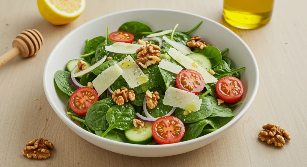 Fresh spinach arugula salad in a white bowl with cherry tomatoes, cucumber, toasted walnuts, and Parmesan, drizzled with lemon-garlic dressing on a rustic wood table – a quick 10-minute healthy meal.