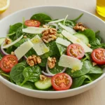 Fresh spinach arugula salad in a white bowl with cherry tomatoes, cucumber, toasted walnuts, and Parmesan, drizzled with lemon-garlic dressing on a rustic wood table – a quick 10-minute healthy meal.